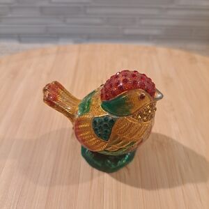 Vtg Red Bird Cloisonné Trinket Box - Jeweled & Enameled Ornament